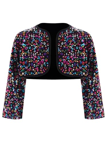 TiaoBug Girls Boys Metallic Leopard Print Long Sleeve Bolero Shrugs Wedding Party Cardigan Cheerleading Dance Tops