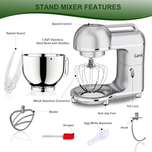 Camic Electric Stand Mixer,7.45 QT,10 Speeds with Dough Hook,Whisk, Flat Beater Attachments, Splash Guard, Easy-Carry Top Handle,3-IN-1 Kitchen Mixer for Baking Cakes Cookie Bread Salad (Silver) by Camic - Image 9