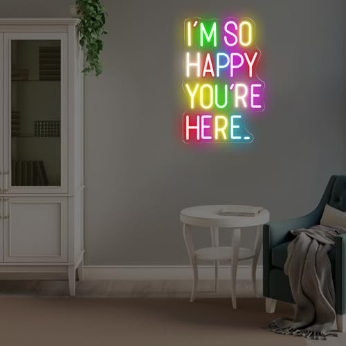 Image of I'm So Happy You're Here Neon Sign Positive Affirmation LED Sign | USB Powered Dimmable Neon Light for Bedroom Classroom Backdrop Decor Aesthetic 16.5 inchx10.8 inch