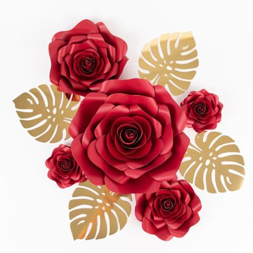 Efavormart Set of 9 Red 3D Rose Paper Flowers with Gold Monstera Leaves - Sculptural Floral Wall Decor for Nursery, Backdrops and Party Staging
