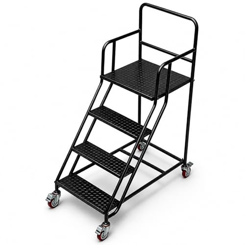 Image of 4 Step Rolling Ladder with Handrails, 880 lbs Capacity Heavy Duty Steel Mobile Warehouse Ladder with Locking Wheels, Non-Slip Rolling Stairs with Large Platform for Garage, Stockroom, Library