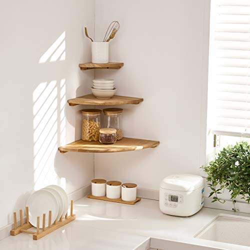 Corner Shelf Wall Mount, 12inch Oak Wood Floating Corner Shelf Round End Small Corner Nightstand Plant Shelf Wall Mount for Kitchen, Living Room, Bedroom