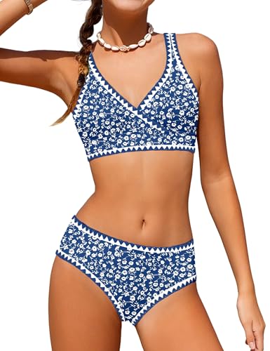 KANGKANG Girls Swimsuit Bikini Set, Girls Swimsuits Size 10-12 Solid Color V-Neck Two Piece Teen Bathing Suits with Chest Pad Adjustable Straps Swimwear Set