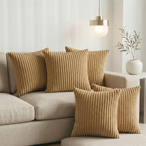 Image of Yellow Weaves Pencil-Stripe Fur Cushion Covers | Soft Polyester | Decorative Sofa & Throw Pillow Covers | 16x16 Inches, Pack of 5 (Golden Brown)