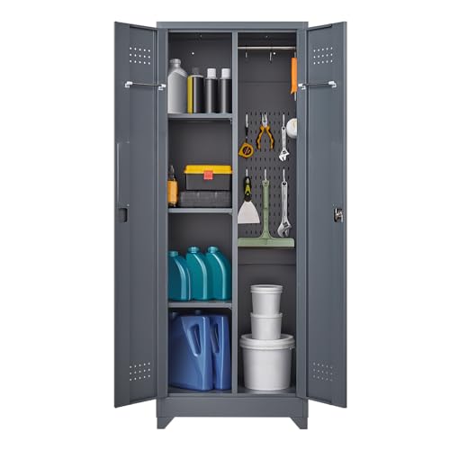 LUCYPAL Metal Broom Storage Cabinet with Shelves and Lock,Broom Closet Storage Cabinet with Hanging Rods for Mops,65
