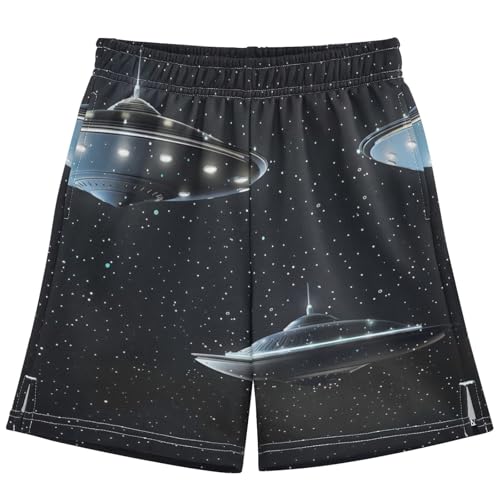 Boys Athletic Shorts with Pockets Spaceship Star Running Basketball Shorts for Youth Elastic Waist Size 7-8