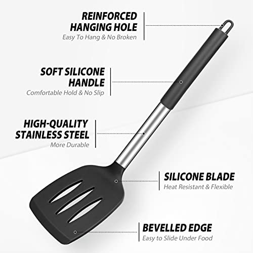 Pack of 4 Large Silicone Cooking Spatulas and Spoons, Slotted and Solid Stainless Steel Cooking Utensils Set, Non-Stick Heat Resistant Kitchen for Baking, Fried, Stir-Fry, Mixing, Serving (Black) by DaiRen Kitchen - Image 3