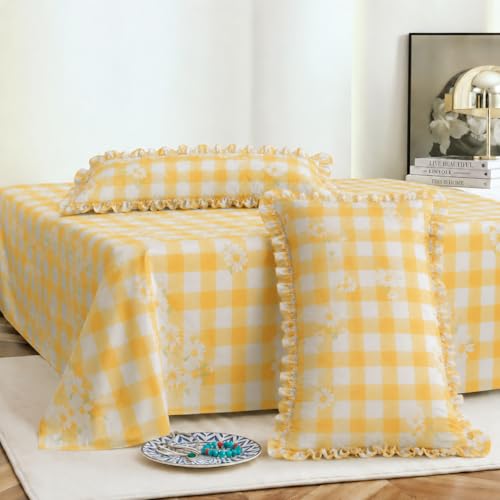 Image of VOMZER Cotton Feel King Size Flat Bedsheet for Double Bed, 1 Cotton Feel Bed Sheet Double Bed (90x100 Inches) with 2 Frill Pillow Cover, Yellow Check
