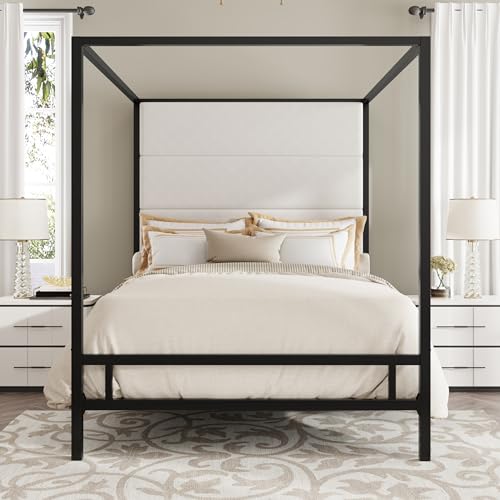 LUMISOL Queen Size Canopy Bed with Tall Velvet Fabric Upholstered Headboard, Metal 4-Poster Bed Canopy Bed Frame, Queen Canopy Platform Bed Metal, Box Spring Needed, Black