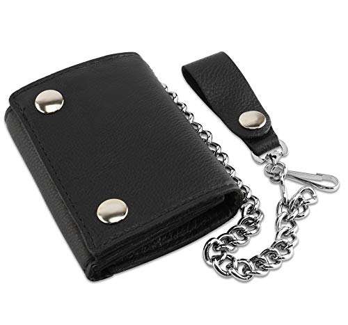 RFID Blocking Men's Tri-fold Vintage Biker Cowhide Leather Steel Chain Wallet,Snap closure, Made In USA,GL315,black