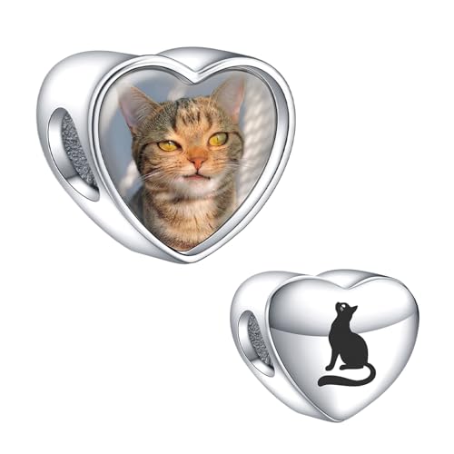 NINGAN Personalizado CorazóN Foto Charm Lindo Gato Sombra Charms, Imagen Personalizada 925 Perlas De Plata De Ley Ajuste Mujer Pulsera Collar Esposa Amigo