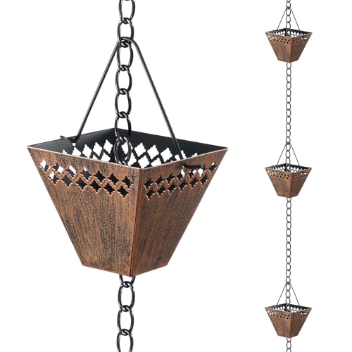 HANAYARD Square Rain Chain Gutter Downspout Copper Rain Chains for Gutters with 12 Cups, Adjustable Rain Catcher Chain with Bell for Outside Water Diverter Garden Decorative Garden, 8.5 Ft