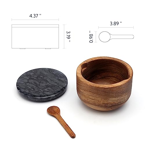 Kitchendao Large Acacia Salt Cellar Box Bowl With Built-In Spoon And Marble Lid, Solid Natural Acacia Wood Bath Sea Salt Container, Black Marble Lid, Pepper Sealer Pinch Bowl, 10Oz Capacity #TOP6