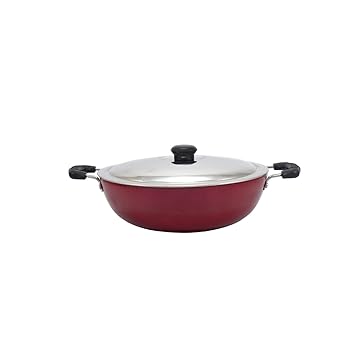 kinox Non Stick 22cm Kadhai with Stainless Steel Lid 2.4 Liters, Thickness 3mm, (Red)