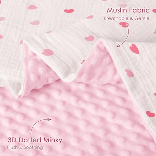 Image of SANDJEST Heart Minky Muslin & Dotted Blanket 30x40 in Gift for Holiday, Gender Reveal Party, Hospital Visit, Baptism