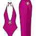 Womens One Piece Swimsuit with Cover up Skirt Swimwear Sets Sexy Halter Bathing Suits Fashion Vacation Beach Dress Hot Pink
