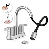 Phiestina Pull Down Sprayer 4 Inch 3 Hole Brushed Nickel Centerset Bathroom Faucet, Modern Pull Out Bathroom Sink Faucet，with 360 Swivel Spout，Metal Pop-Up Drain and Water Supply Lines，BF04021-K01-GBN