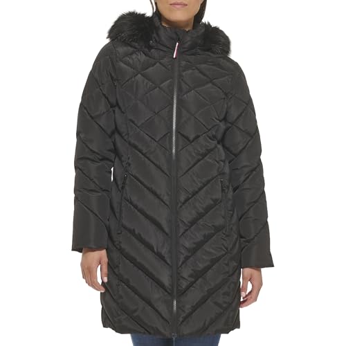 Tommy Hilfiger Faux Fur Trimmed Long Puffer Black LG (US 12-14)