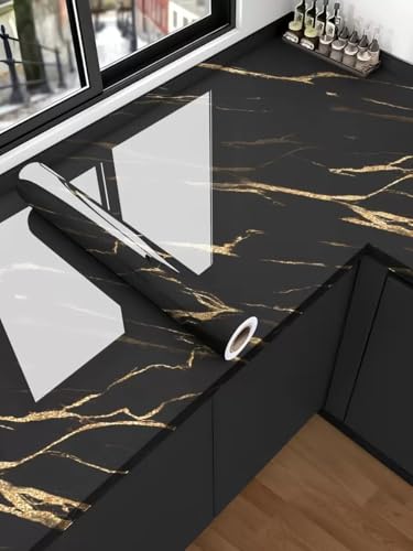 Image of Black Marble Self Adhesive Wallpaper, Gold Vein Design, Peel and Stick Vinyl Contact Paper for Kitchen Countertop, Cabinet & Wall Covering (60 x 200 cm)