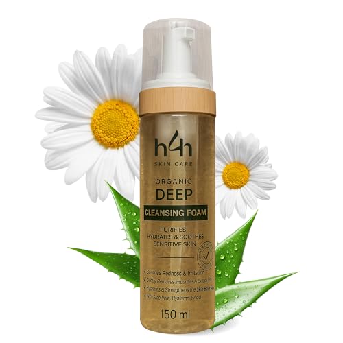 Espuma limpiadora facial orgánica – Limpieza facial suave para pieles sensibles – Con aloe vera, ácido hialurónico y manzanilla – Limpiador de espuma hidratante – Vegano y sin perfume – 150 ml