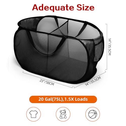 Image of Foldable Laundry Baskets, Collapsible Mesh Laundry Hamper, Durable Pop Up Laundry Basket, 2 Compartments Clothes Hampers for Laundry, Easy to Carry & Sort for Dorm, Home, Kids Room, Travel Black
