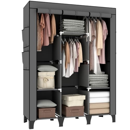 OPPAIYA Canvas Wardrobe Portable wardrobe With 3 Hanging Rails 6 Shelves and 8 Side Bags 165 * 45 * 125cm Temporary wardrobes Large Fabric wardrobes for bedroom CheapLiving Room - Gray