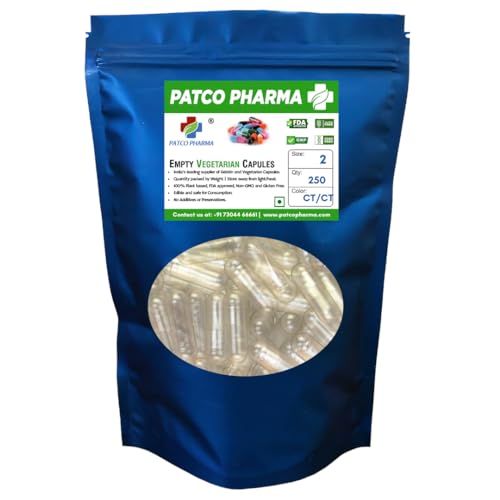 Image of Patco Pharmaceuticals Empty Vegetarian Pill Capsule Size 2 Gluten Free /Halal Certified DIY Powder Filling (Pack of 250 Pcs)