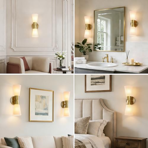 Image of Wall Sconces Set of 2 for Bathroom, Modern Indoor Vanity Light Fixtures 15 inch, Up Down Lighting, Wall Mount Lamp for Living Room Bedroom Hallway Stairway Fireplace Mirror E26 Base 2PC White&Gold