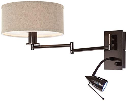 Possini Euro Design Radix Modern Swing Arm Adjustable Wall Lamp With Cord Led Bronze Plug-In Light Fixture Oatmeal Fabric Drum Shade Bedroom Bedside House Reading Living Room Home Hallway Dining #TOP7