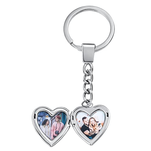 Nauchild Custom Keychain Personalized Photo Keychain Stainless Steel Heart Shape Locket Keychain for Men Women (Silver 3)