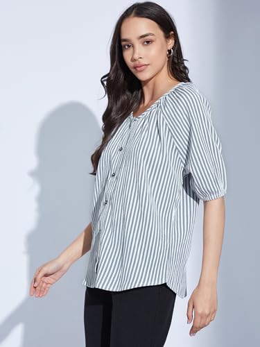 Image of Selvia Women Textured Crepe Printed Top Regular fit Shirt Style Top Round Neck Half Sleeve Stylish Top