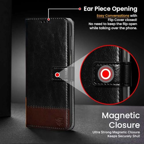 Image of FLIPPED Vegan Leather Flip Case Back Cover for Samsung Galaxy M17 5G | A17 5G | F17 5G (Flexible, Shock Proof | Hand Stitched Leather Finish | Card Pockets Wallet & Stand | Black with Brown)