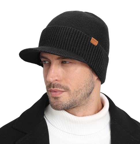 Wmcaps Mens Winter Beanie with Brim - Fleece Lined Thermal Knit Visor Hat for Cold Weather Black