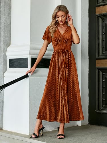 Image of Simplee Women's V Neck Velvet Maxi Dress Short Sleeve Empire Waist Long Formal Dress for Wedding Guest