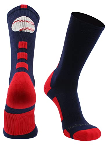 MadSportsStuff Baseball Logo Crew Socks (Navy/Red, Medium)