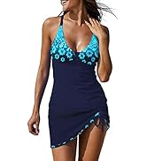 EVALESS One Piece Tankini Bathing Suits for Women Tummy Control Swimsuits Sexy Deep V Neck Print ...