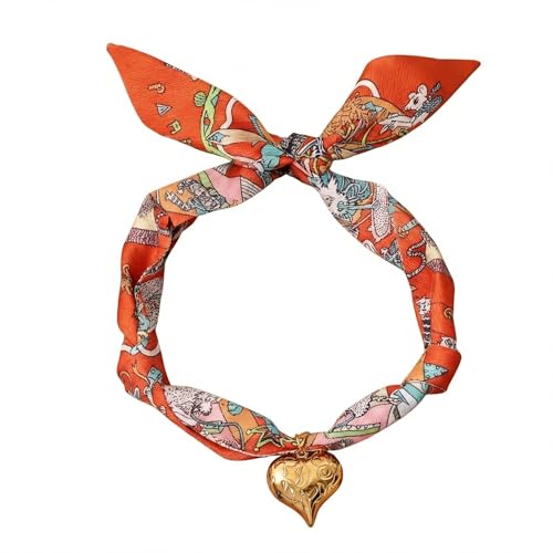 Agriajun Scarf Bandana Necklace for Women, Chunky Gold Heart Pendant Vintage Lightweight Orange Silk Knot Collar Choker Boho Fashion Accessories Fall Jewelry Gift