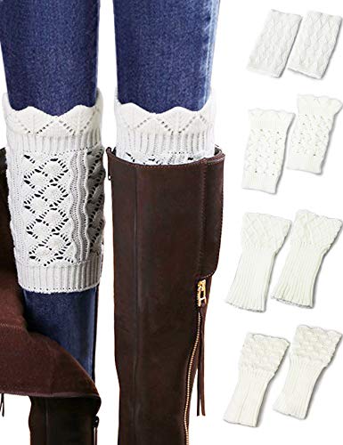 VERO MONTE 4 Pairs White Crochet Boot Cuffs Womens Boot Socks Short Leg Warmers