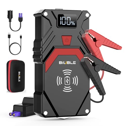 BIUBLE Arrancador de Baterias de Coche, 2500A 24000mAh 12 V con Cargador Inalámbrico de 10W(para Todo vehículo de Gasolina o 8.0L de Diesel), Linterna LED, Pantalla