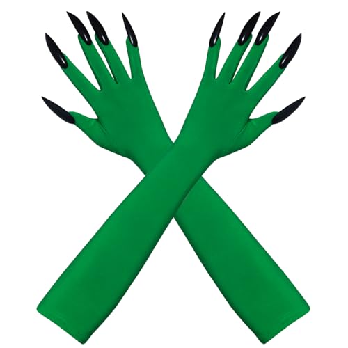 Heliltd 1pair Black Long Gloves With Claws for Claws Cosplay Cat Claw Women Long Nail Gloves For Halloween Party Costume (Green Black One Size)
