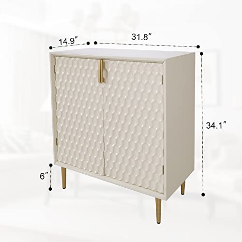 Hlr Hexagon Honeycomb Pattern Sideboard Cabinet With 2 Doors, Modern Kitchen Buffet Storage Cabinet With Gold Metal Legs For Living Room, Dining Room & Entryway, Ivory White #TOP1