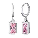 Bestyle Silver Pink Tourmaline Drop Earrings | Hypoallergenic Silver Huggie Hoop Leverback Earrings | Small Sparkle October Birthstone Dangle Earrings For Women