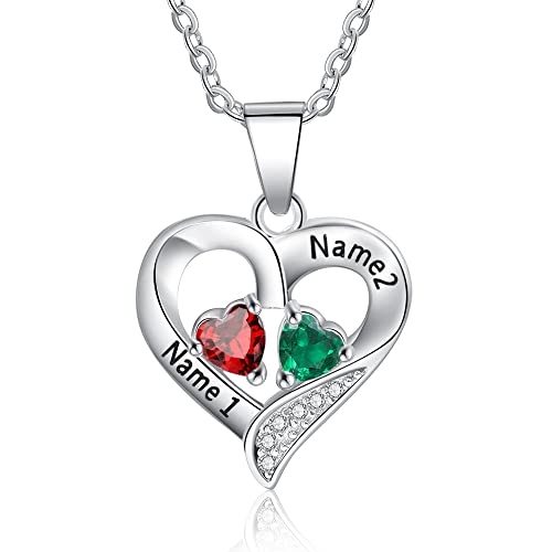 Jewelstruck Sterling Silver Personalized 2 Names Birthstone Necklace Heart Custom Necklace for Women Wife Grandma Mothers Day Necklace for Mom Valentine's Day Gifts for Her