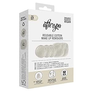 Reusable Cotton Makeup Remover Pads with Laundry Bag by Afterspa, Face Towels, 2 Face and 3 Eye Makeup Remover Wipes, Machine Washable, Vegan, Cruelty Free