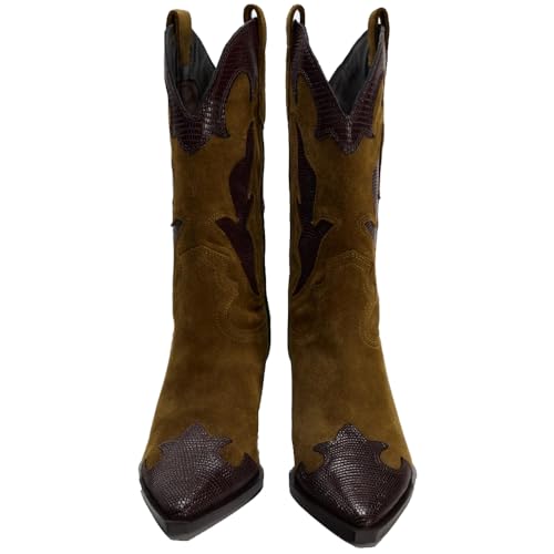 YIYA Brown Suede Cowboy Mid Calf Boots for Women Wide Calf Western Embroidered Cowgirl Boots Pointed Toe Chunky Block Heels Pull On Shoes3