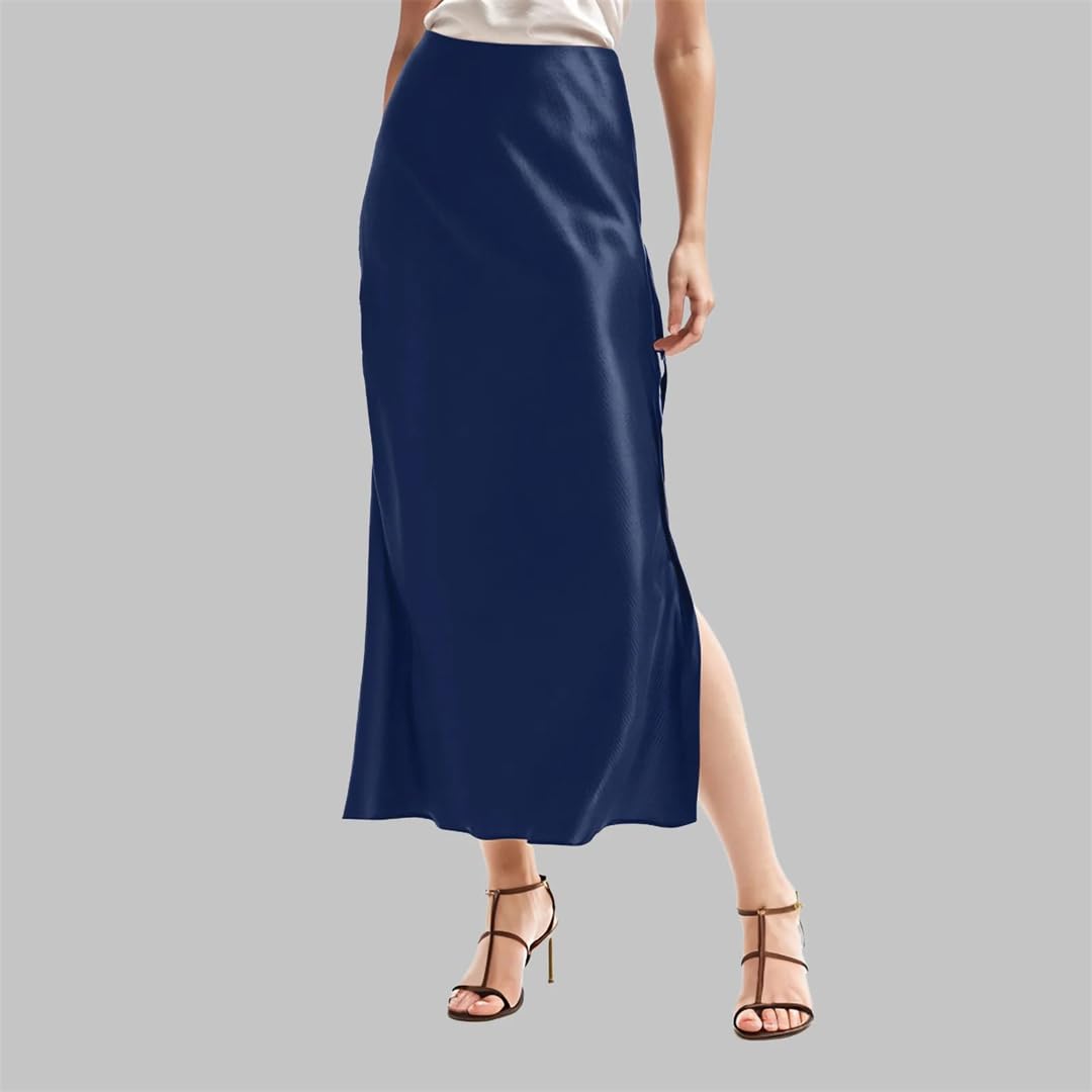 Jupes en satin taille haute solide taille élastique jupe femme fente latérale jupe en satin vintage