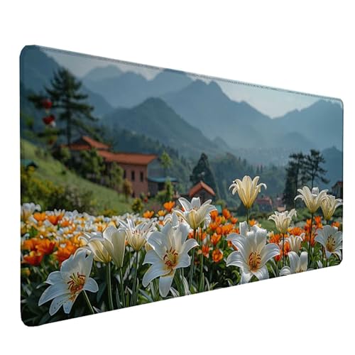 Sous main de bureau blanc fleurs 1500 x 800 mm pour setup PC gamer