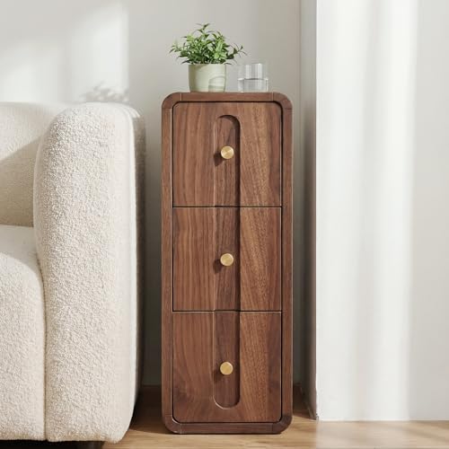Image of Narrow Nightstand with 3 Drawers, Small Bedside Table, Mid Century Modern Skinny Night Stand with Storage, Wood Slim Side Table for Bedroom, Small Spaces, Living Room (Walnut-1pcs)