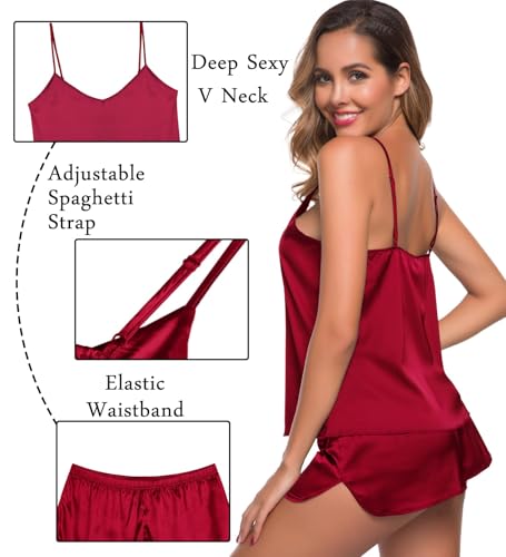 Image of SWOMOG Womens Silk Satin Pajamas Sets 4pcs Sleepwear Sexy Cami Shorts Set and Button Down Short Sleeve Pjs Loungewear