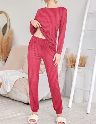 Image of Ekouaer 2 Pack Pajama Sets for Women,Long Sleeve Top With Jogger Pants Lounge Set Sleepwear with Pockets